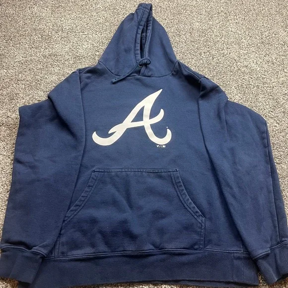 Atlanta Braves Fanatics Hoodie Mens M Navy Blue Pullover MLB Baseball Sweatshirt - Picture 1 of 7